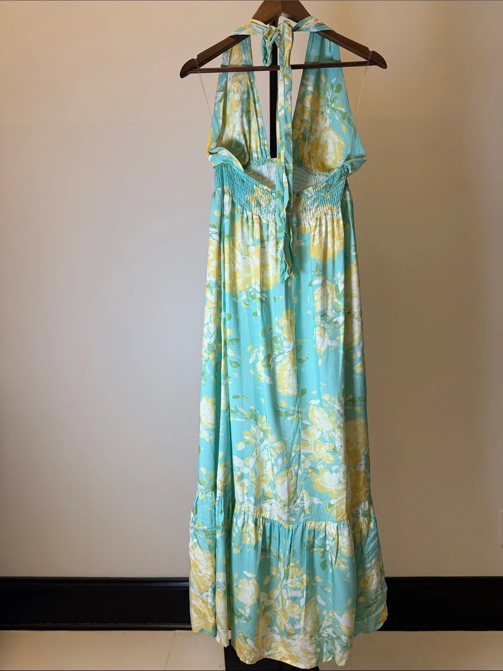 Hello Molly Floral Halter Maxi Dress Smocked Waist Turquoise Yellow | Size 6 (M) - Picture 6 of 8